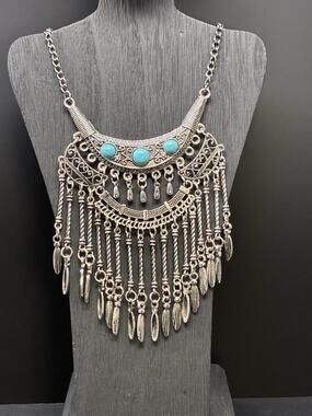 Boho Southwestern Silver Tone Faux Turquoise Articulating Dangle Necklace NEW